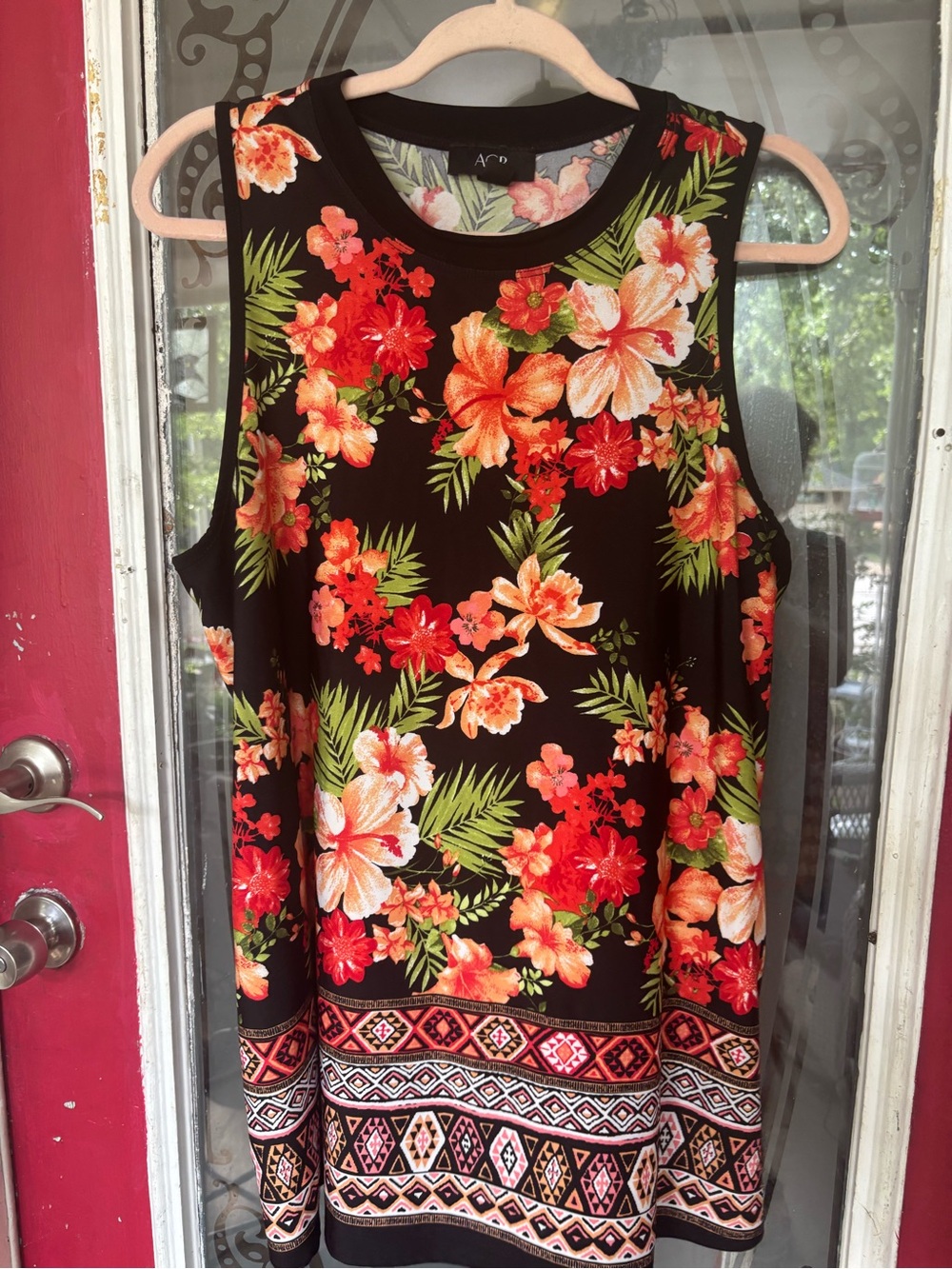 AGB Black Tropical Floral Tank with Red and Orange Flowers